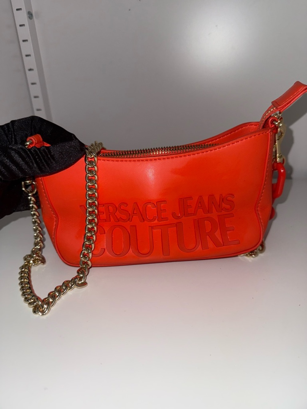 Versace Jeans Collection Orange Embossed Logo Chain Crossbody